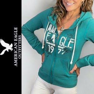 American Eagle Outfitters Logo Zip Up Distressed Hoodie S